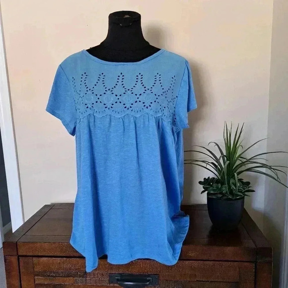 ❤ NWT Jachs Girlfriend Blue Cotton Top Large Slub Knit Short Sleeved Eyelet Yoke - Picture 1 of 12